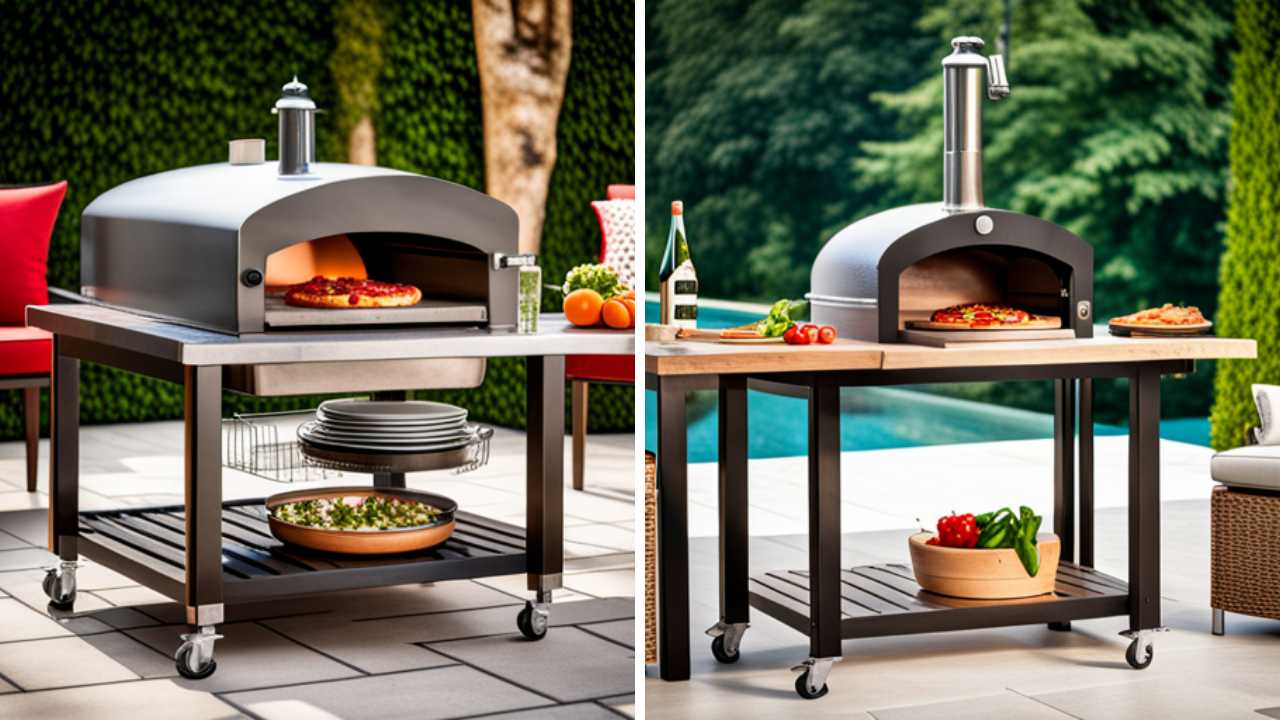 Outdoor Grill Cart Pizza Oven Trolley Stand Double Shelf Outdoor Worktable with 2 Wheels Pizzello